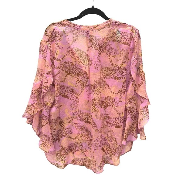 Cabi Sheer Pink Cheetah Print Long Sleeve Button Down Blouse Top Size L - Picture 2 of 6